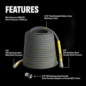 Active 841308103587 Pressure Washer Hose 50 Ft 5/16 Inch - Kink Resistant Steel Braided