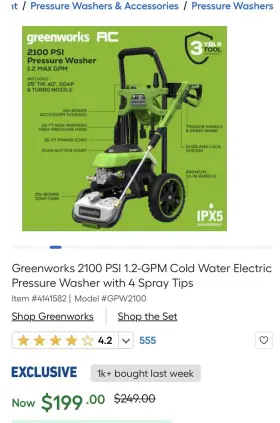 Gvw2100 Greenworks 2100 Psi 1.2-gpm Cold Water Electric Pressure Washer