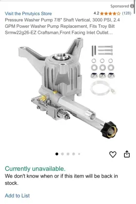 4187-bx Prrutyics Pressure Washer Pump 7/8 Inch Shaft Vertical 3000 Psi 2.4 Gpm - Nib