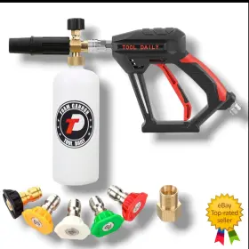 Tool Daily 445026089050 Short Pressure Washer Gun Foam Cannon Kit 1/4 Inch Quick Connect 5 Tips 1l Bottle