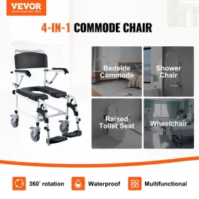 Vevor 197988198932 Shower Commode Wheelchair With 4 Lockable Wheels Footrests Flip-up Arms 3-le