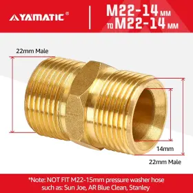 Yamatic 705169125303 Pressure Washer Hose Connector Solid Brass Double M22-14mm Male Coupler Press #3