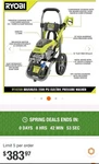 Ryobi 2500 Psi 1.2 Gpm High Performance Cold Water Electric Pressure Washer. Fixed Price $246.00.