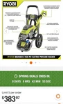 Ryobi 2500 Psi 1.2 Gpm High Performance Cold Water Electric Pressure Washer. Fixed Price $269.90.