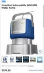 Smartbot Submersible Utility Pump, 1/2 Hp, 3600 Gph, Automatic Switch, Auto-flo. Fixed Price $130.00.